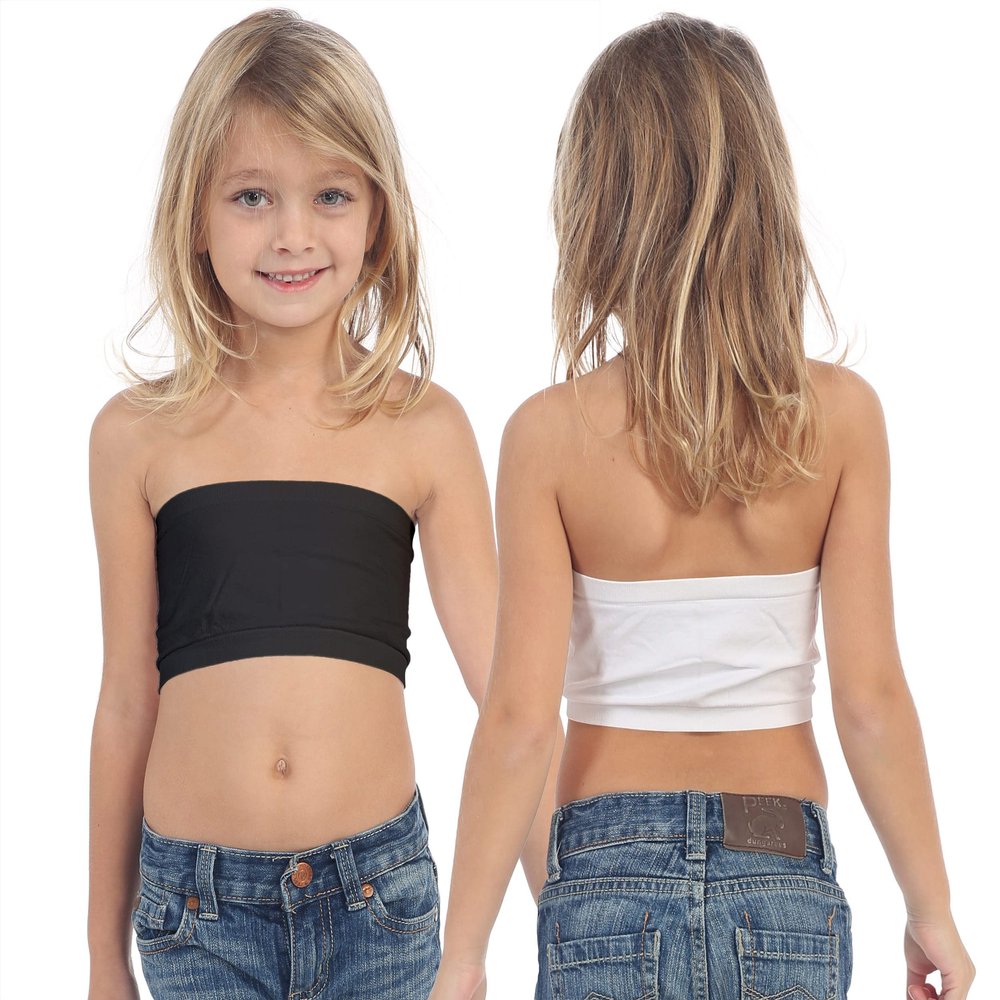Kurve Girls Lace Bandeau Tube Bra - Strapless Bandeau Bra,UV Protective Fabric UPF50+, Black/White Set, Age (4-8)