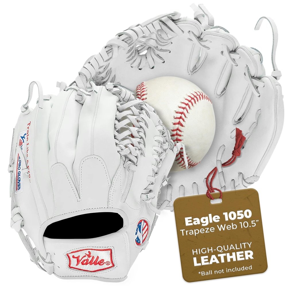 Valle Eagle 1050 Trapeze Web Baseball & Softball Outfield Training Glove for Right Hand Throw - Sure Catch Leather Mitt for Adult Men & Women, Advanced Gear for Outfielders - White, 10.5