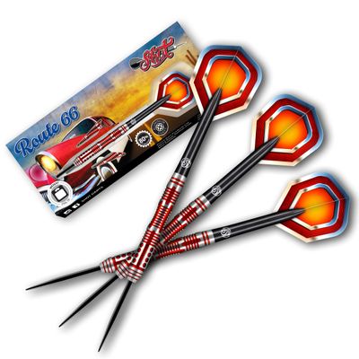 Shot! Darts Steel Tip, Americana Route 66 (23g/24g/25g), 80% Tungsten Barrel, Front Weighted, Handcrafted Professional Dart Set & Flights Made in New Zealand, Metal Tip for Bristle Dartboard