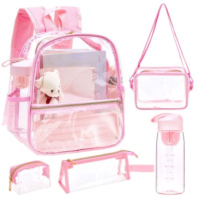 Amylove 5 Pcs Small Pink Clear Backpack Stadium Approved Set for Girls with Lunch Bag, Crossbody Bag, Water Bottle, Transparent School Backpack, 12 x 12 x 6 Inch