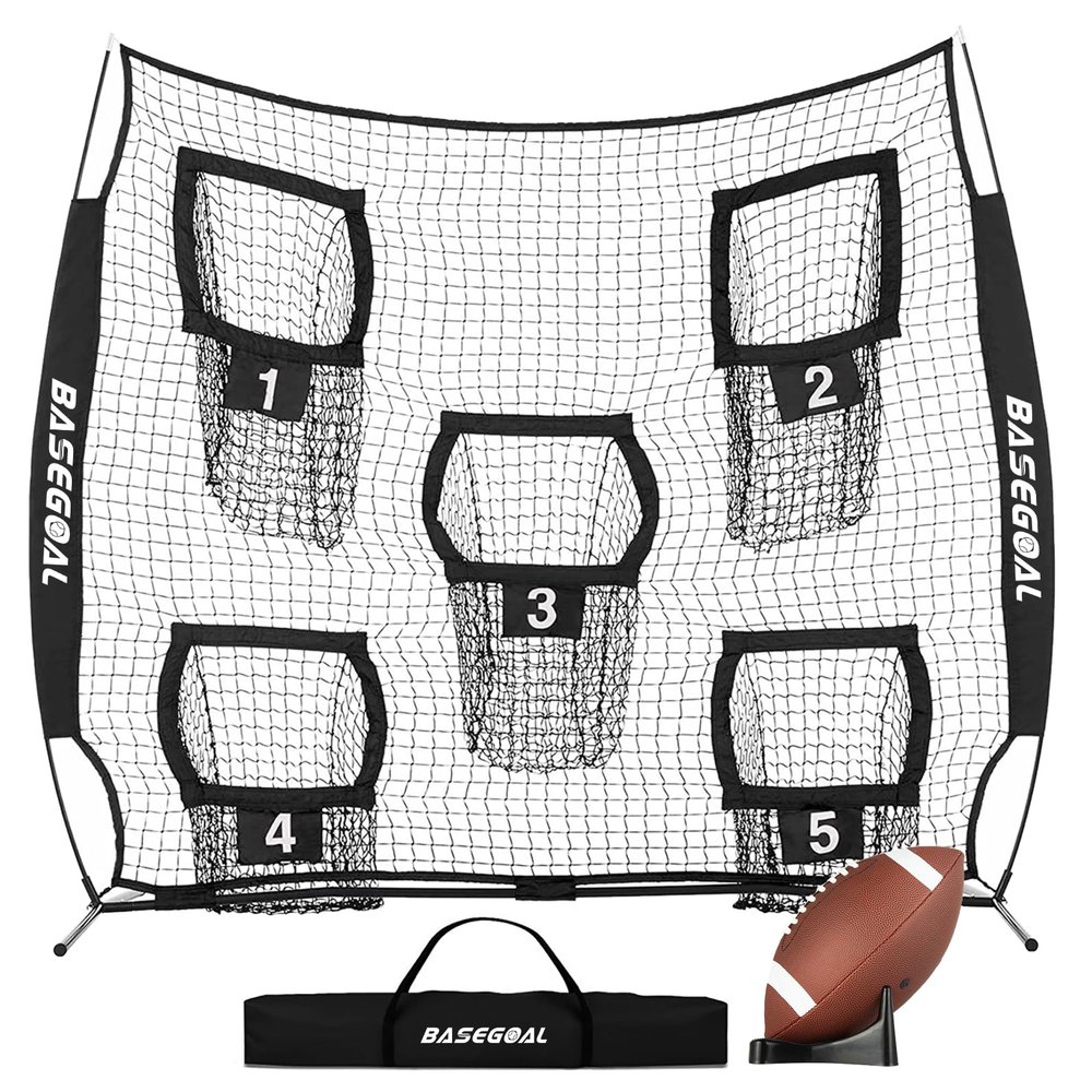 BaseGoal Football Nets for Throwing,Football Target,Quarterback Training Equipment with 5 Target Pockets for Improving Accuracy Throwing-8 x 8 ft or 7 x 7 ft Nets (7 x 7 Ft Black + Ball)