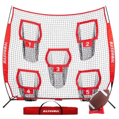 BaseGoal Football Nets for Throwing, Quarterback Training Equipment with 5 Target Pockets for Improving Accuracy - 8 x 8 ft or 6 x 6 ft Nets (Red + Ball)