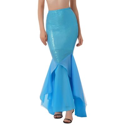 Huimingda Mermaid Skirt for Women Sequin Maxi Skirt Cosplay Halloween Party Dress Blue X-Large