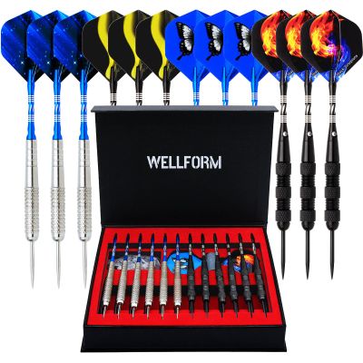 WELLFORM Darts Metal Tip Set, 12 Pack 22 Grams Steel Tip Darts Set-Professional Metal Darts for Dartboard, with Non-Slip Iron Barrel, Aluminum Shafts, Extra Flights, Dart Sharpener & Wrench, Gift Box