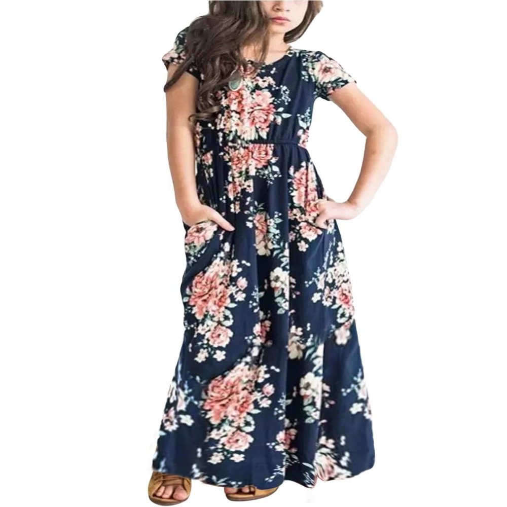 21KIDS Girls Short Sleeve Maxi Dress Kids Floral Boho Casual Dresses with Pockets for Girls, Navy, 6 Years