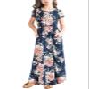 21KIDS Girls Short Sleeve Maxi Dress Kids Floral Boho Casual Dresses with Pockets for Girls, Navy, 6 Years view 2