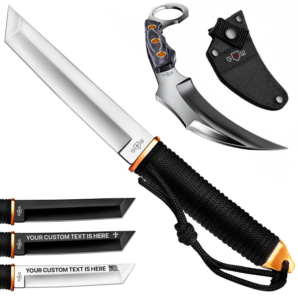 Grand Way Tanto Camping Knife with Sheath  3+ Colors  5.9" Fixed Full Tang Mirror Polished Blade  Tactical Karambit Knife with Sheath  Micarta Handle  Fixed Mirror Polished 440C Steel Blade