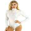 Jhaoyu Womens Shiny Metallic Leotard Turtleneck Spandex One Piece Dance Bodysuit Costumes Dancewear Silver XX-Large view 1