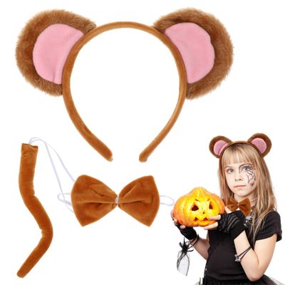 FOMIYES Monkey Ears Headband Tail Bowtie Set: Monkey Cosplay Set Plush Ear Headband Tail Animal Cosplay Costumes Photo Props for Halloween Party