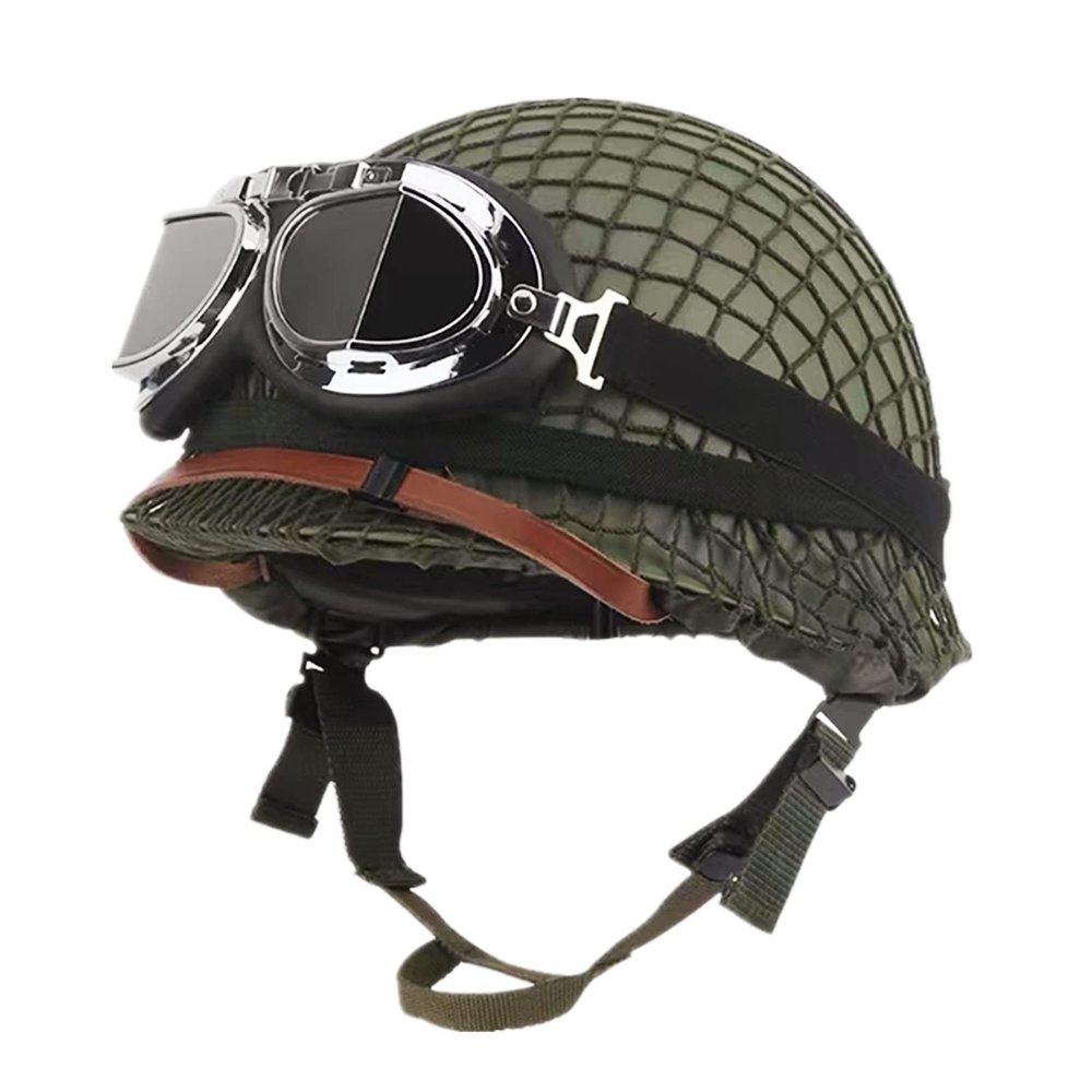 SYLPHID Outdoor Green WW2 US M1 Helmet Steel Field with Net Cover cat Eye Belt and Goggles