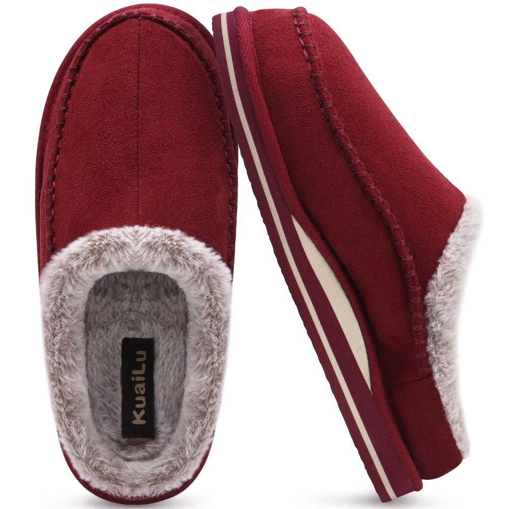 KuaiLu Mens Slippers with Orthotic Arch Support Suede Faux Fur Fluff Plush Wool-like Warm House Shoes Comfortable Slip-on Bedroom Indoor Outdoor Clogs Slippers for Man, Size Red 9