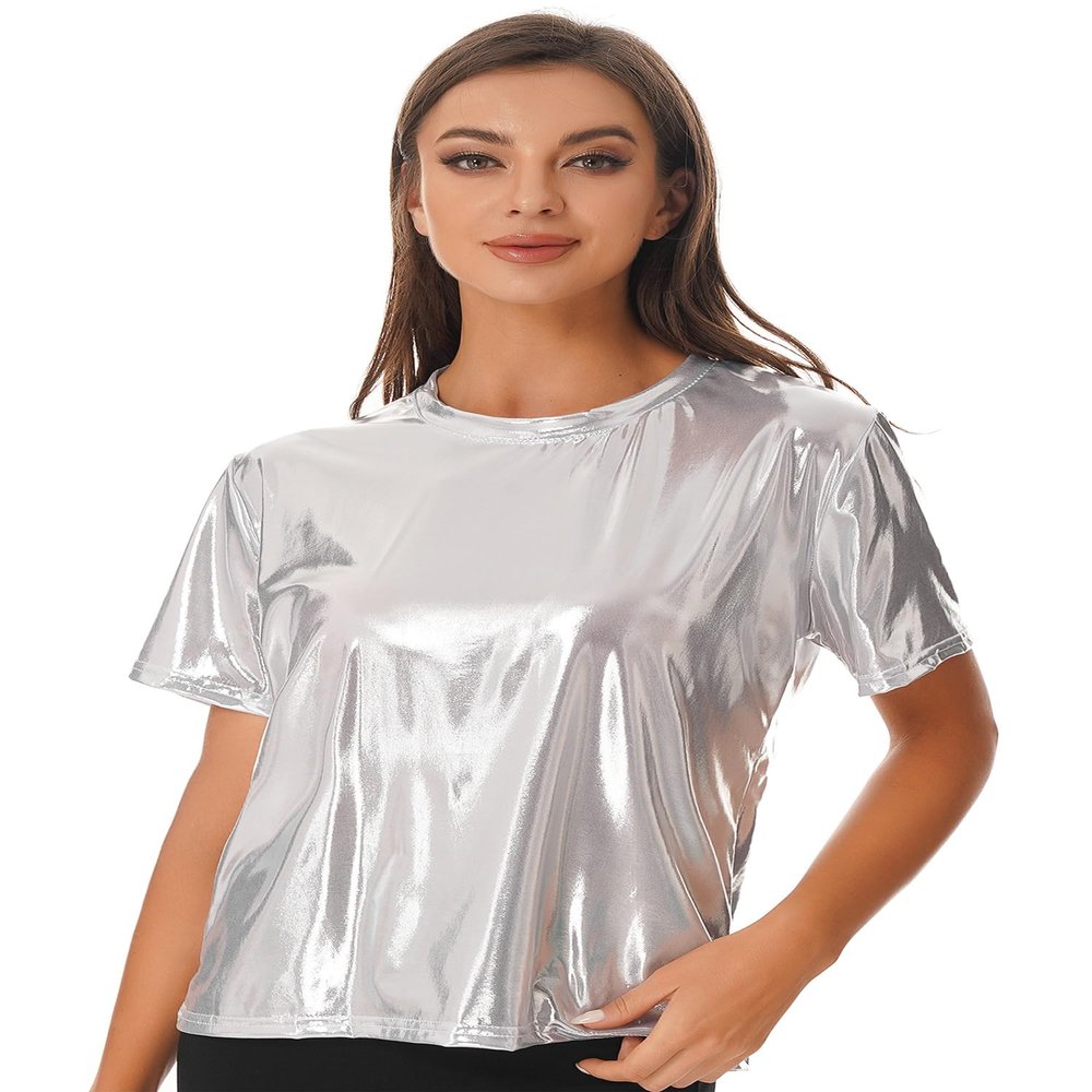 Hedmy Women's Shiny Metallic Tops Holographic Crop Top Short Sleeve T Shirt Vest Disco Party Blouse Silver XX-Large