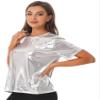 Hedmy Women's Shiny Metallic Tops Holographic Crop Top Short Sleeve T Shirt Vest Disco Party Blouse Silver XX-Large view 3