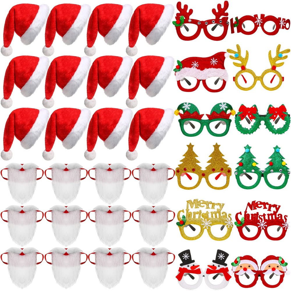 JaGely 36 Pcs Santa Hats Christmas Glasses Bulk Santa Claus Beard Mask Set Xmas Photo Booth Props Christmas Party Decorations for Adult Xmas Holiday Party Favors Supplies