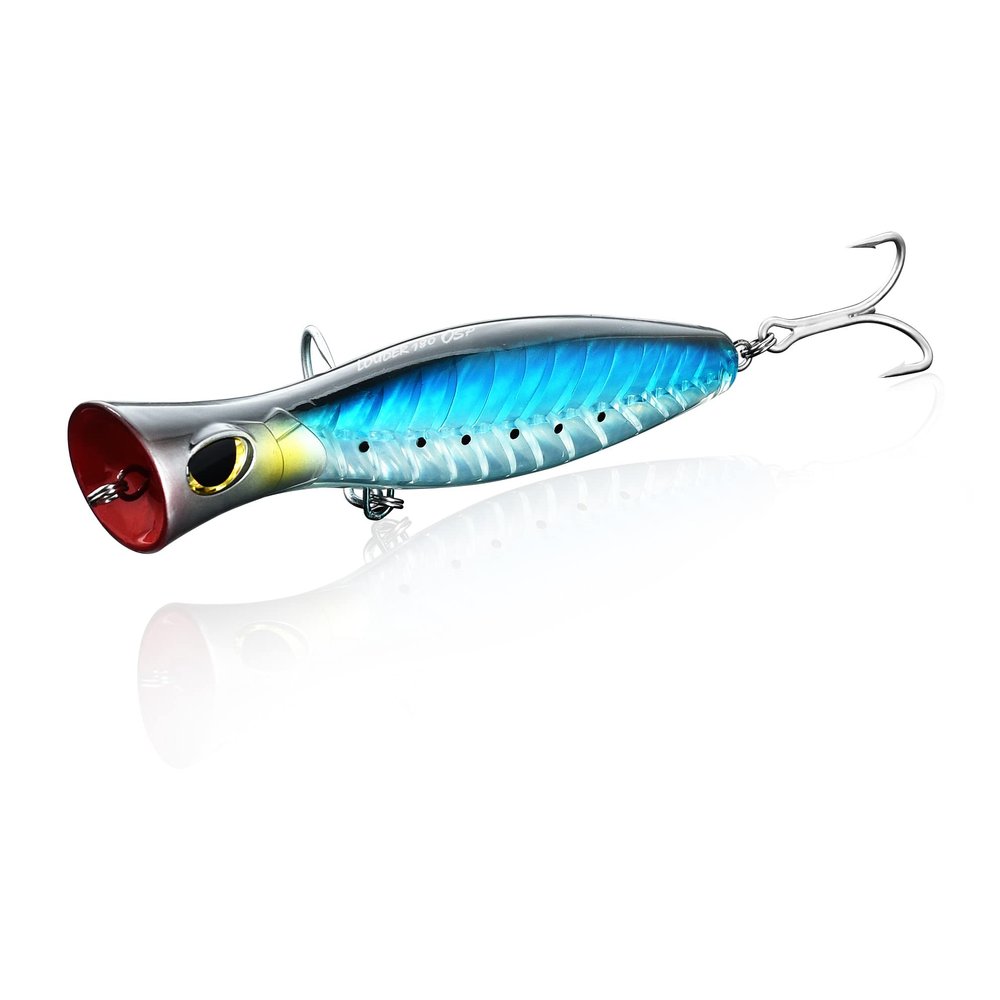 Saltwater Popper Style Fishing Lure - 5.5 inch Floating, Top Water, with Premium Thick Wire Hooks, Realistic 3D Eyes for Saltwater Fishing Striped Bass and Game Fish