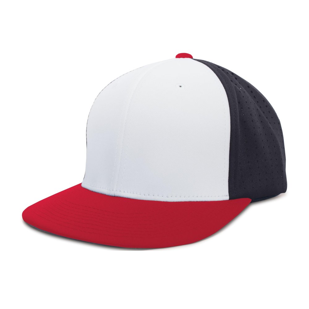 Pacific Headwear Perforated F3 Performance Flexfit Cap, White/Navy/Red, L/XL