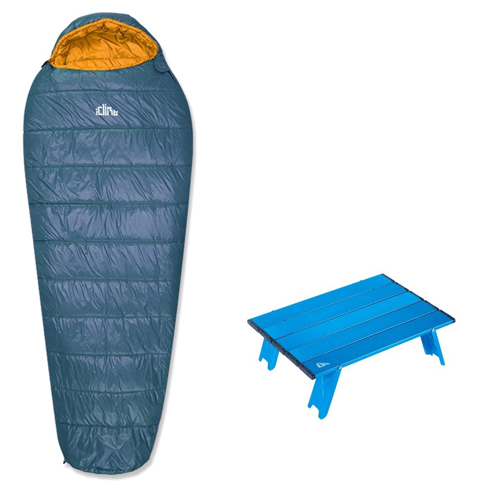 iClimb 1 Mini Folding Table and 1 3M Thinsulate Insulation Sleeping Bag Bundle, Ultralight Compact for Singe Adult Backpacking Camping Hiking Motorcycling Outdoor Indoor