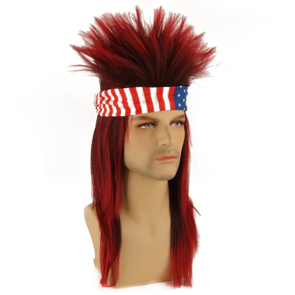 ATAYOU Red Mullet Wig with Headband, 80s Long Straight Punk Heavy Metal Retro Rocker Disco Wig