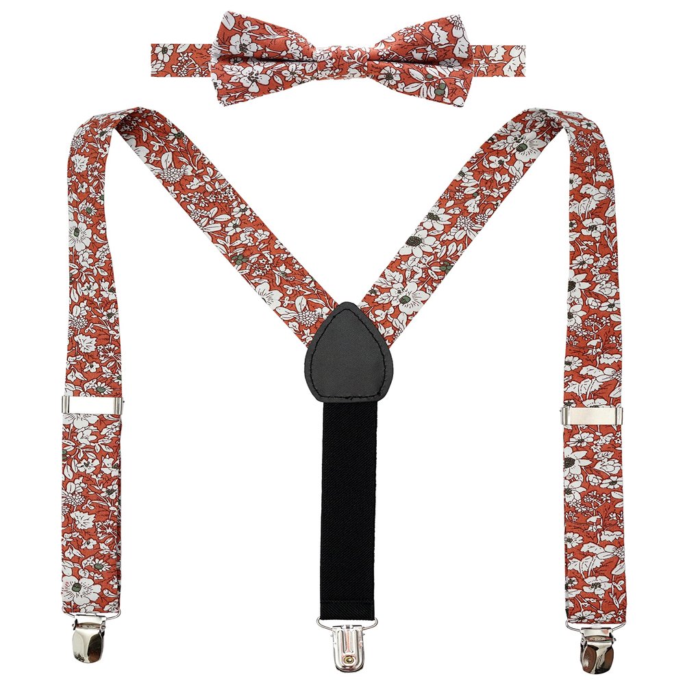 BELLUNO Boys' Floral Suspenders and Bow Tie Set, Pre-Tied Cotton Bowtie for Kids from Toddlers to Teens