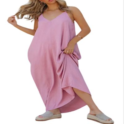 R.Vivimos Women's Summer Casual Adjustable Spaghetti Strap V Neck Boho Loose Fit Backless Maxi Dress with Pockets (Small, Pink)