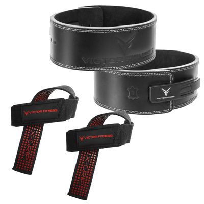 100% Top-Grain Leather 10mm Thick 4" Wide Quick Adjustable Metal Lever Powerlifting Belt for Men and Women made + 24" Black Padded Weightlifting Straps with X-Grip (X-Large)