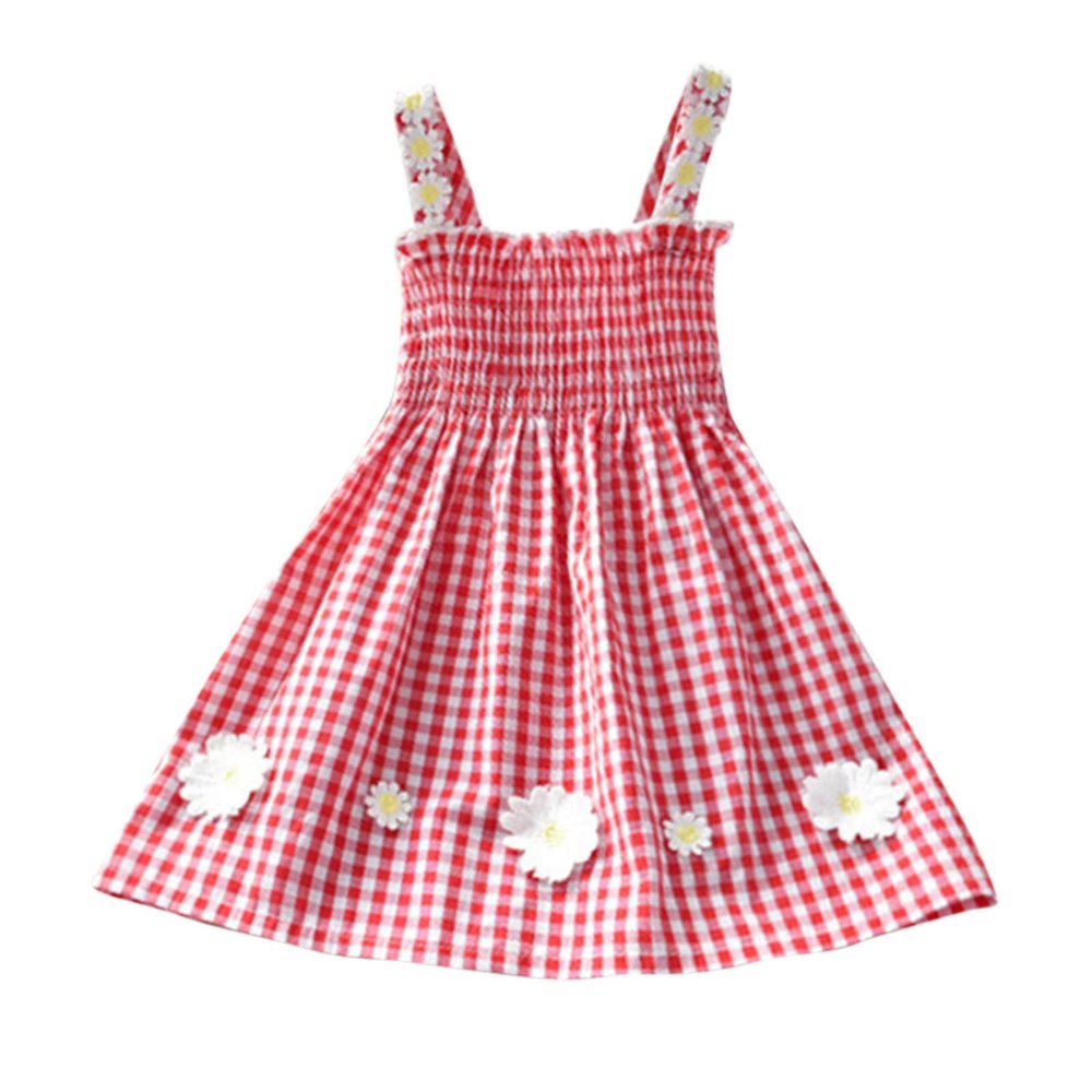 Toddler Kids Baby Girls Sleeveless Flower Strap Dress Plaid Ruffle Princess Beach Girls Black Dress (Red, 4-5 Years)