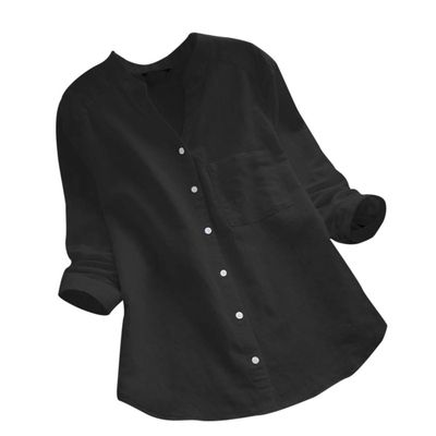 Long Sleeve Shirts for Women Casual Button Down T Shirt Solid Color Blouse Loose Tunic Tops Black, X-Large
