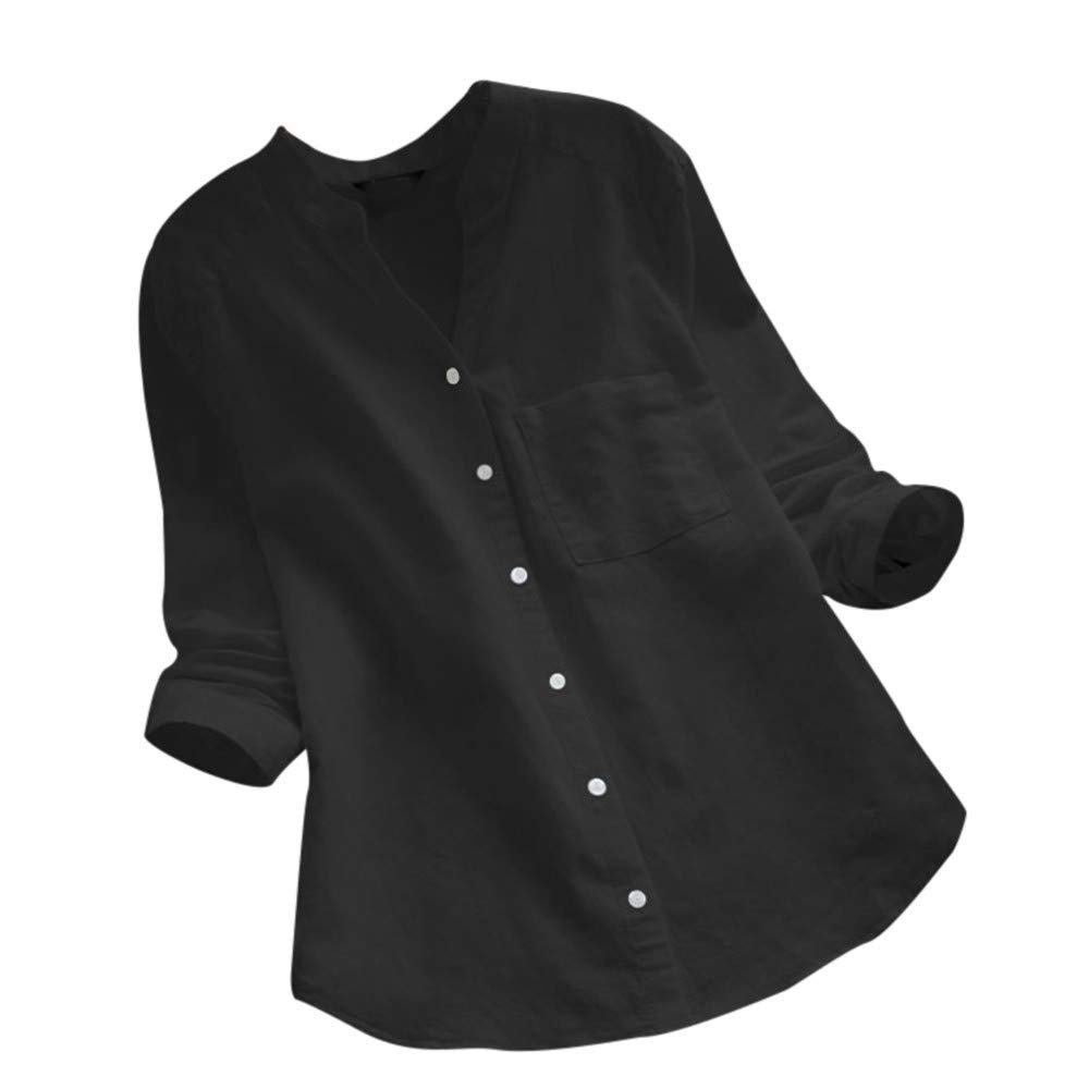 Long Sleeve Shirts for Women Casual Button Down T Shirt Solid Color Blouse Loose Tunic Tops Black, X-Large