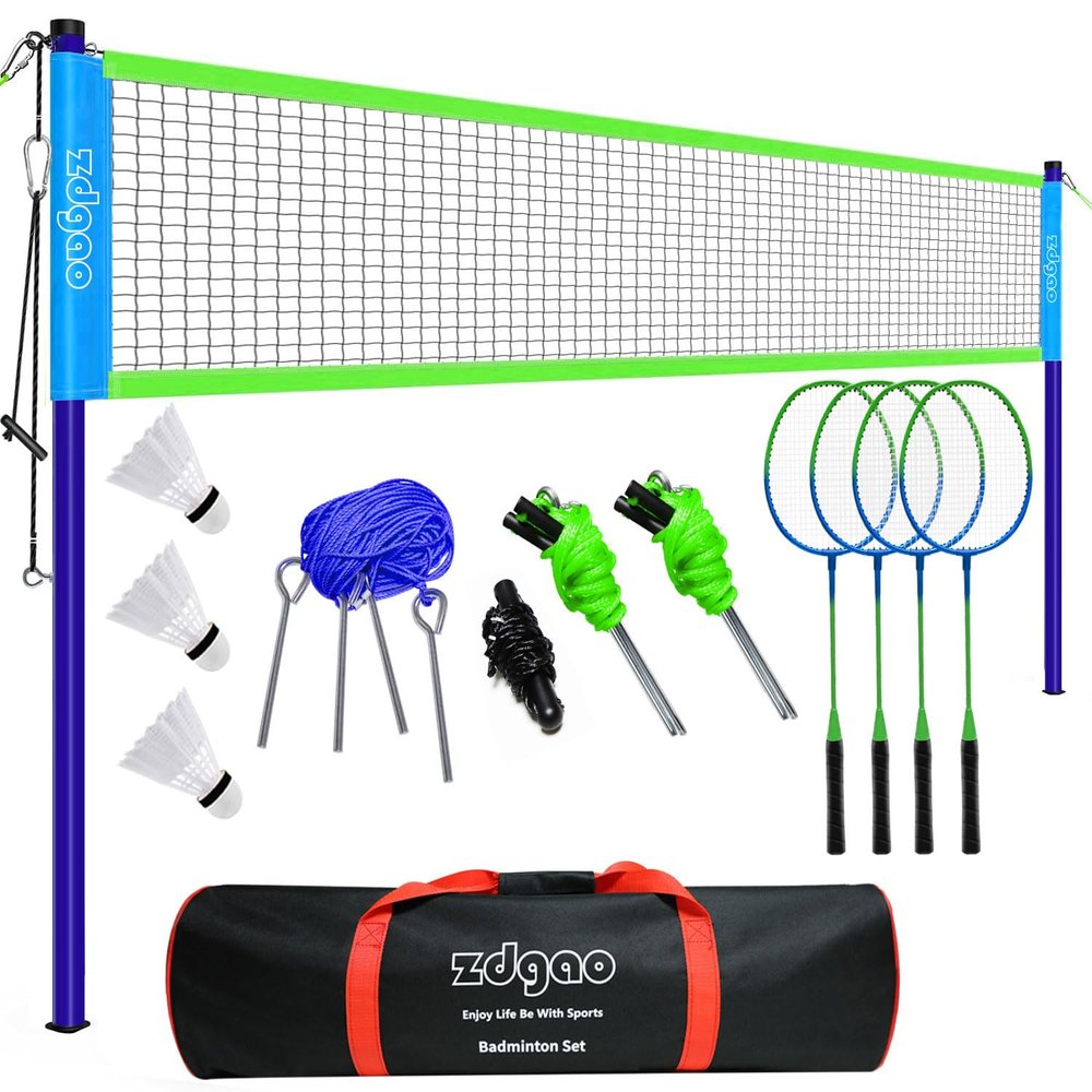 Badminton Set for Backyard, Portable Badminton Net with Tension Adjuster, Badminton Racket Set of 4, 3 Nylon Shuttlecocks, Boundary Line and Carry Bag for Backyard Beach Family Games