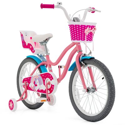 BABY JOY Kids Bike, 18 Inch Kids Bicycle w/Training Wheels, Adjustable Seat Handlebar Height, Storage Basket, Doll Seat, Handbrakes & Coaster Brake, Pre-Assembled Cycle for 3-5 Years Old Girls