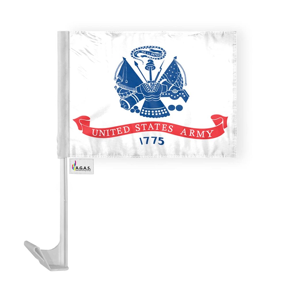AGAS 12x16 inch US Army Military Car Flag - Attached to 17 inch White Plastic Flex Pole- Single Sided Print on Polyester Fabric- Stitched Edges- with a Window Plastic Clip- Tear and Water Resistant- Perfect for displaying on your Car. (US Army)