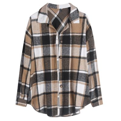ZAFUL Women's Plaid Long Sleeve Shirt Button Down Wool Blend Thin Jacket Casual Blouse Tops with Pocket