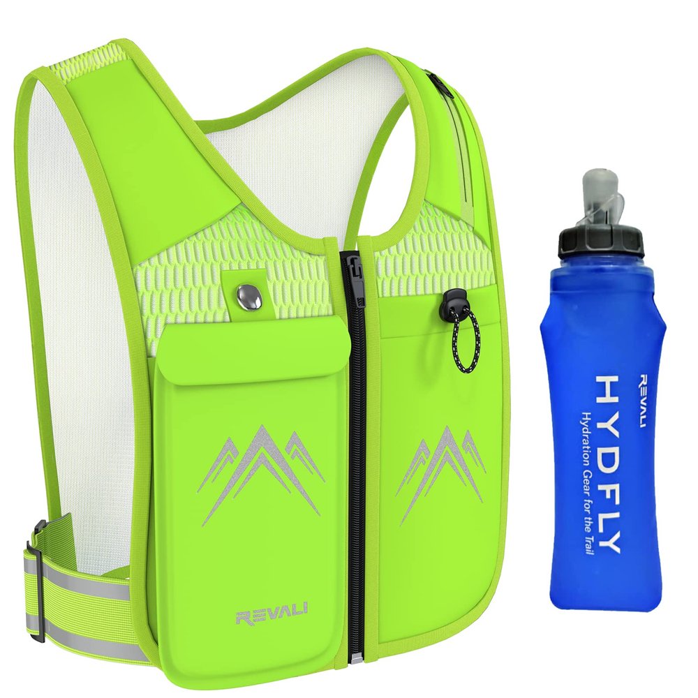 REVALI Running Vest, USA Original Patent, Zip Reflective Running Vests with 500ml Hydration Bottle, Adjustable Waistband & Breathable Material, Chest Pack Gear Phone Holder for Men & Women