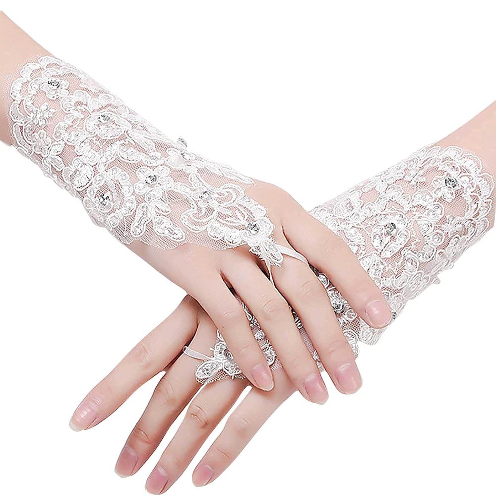 LeJulyeekay Women Floral Lace Gloves for Wedding Party Evening Fingerless Gloves (W2-white)