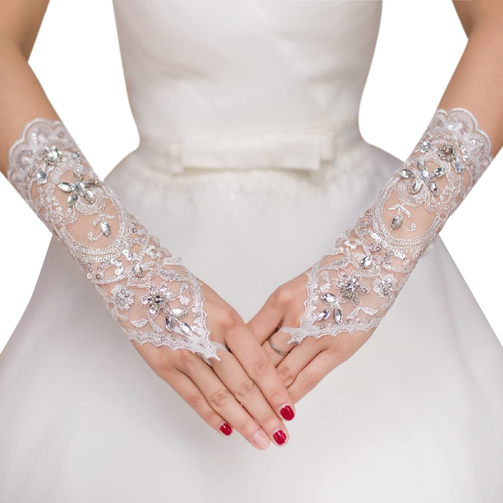 LeJulyeekay Women Floral Lace Gloves for Wedding Party Evening Fingerless Gloves (W1-ivory)
