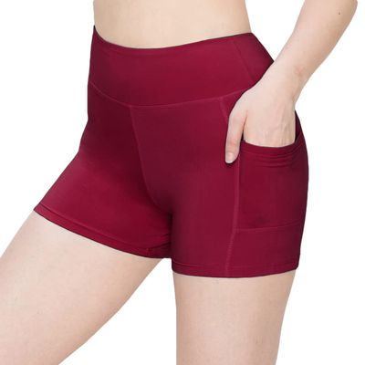ALWAYS Women's 3" Yoga Shorts - Premium Soft Tummy Control Workout Stretch Solid Leggings Pants with Pockets Burgundy L