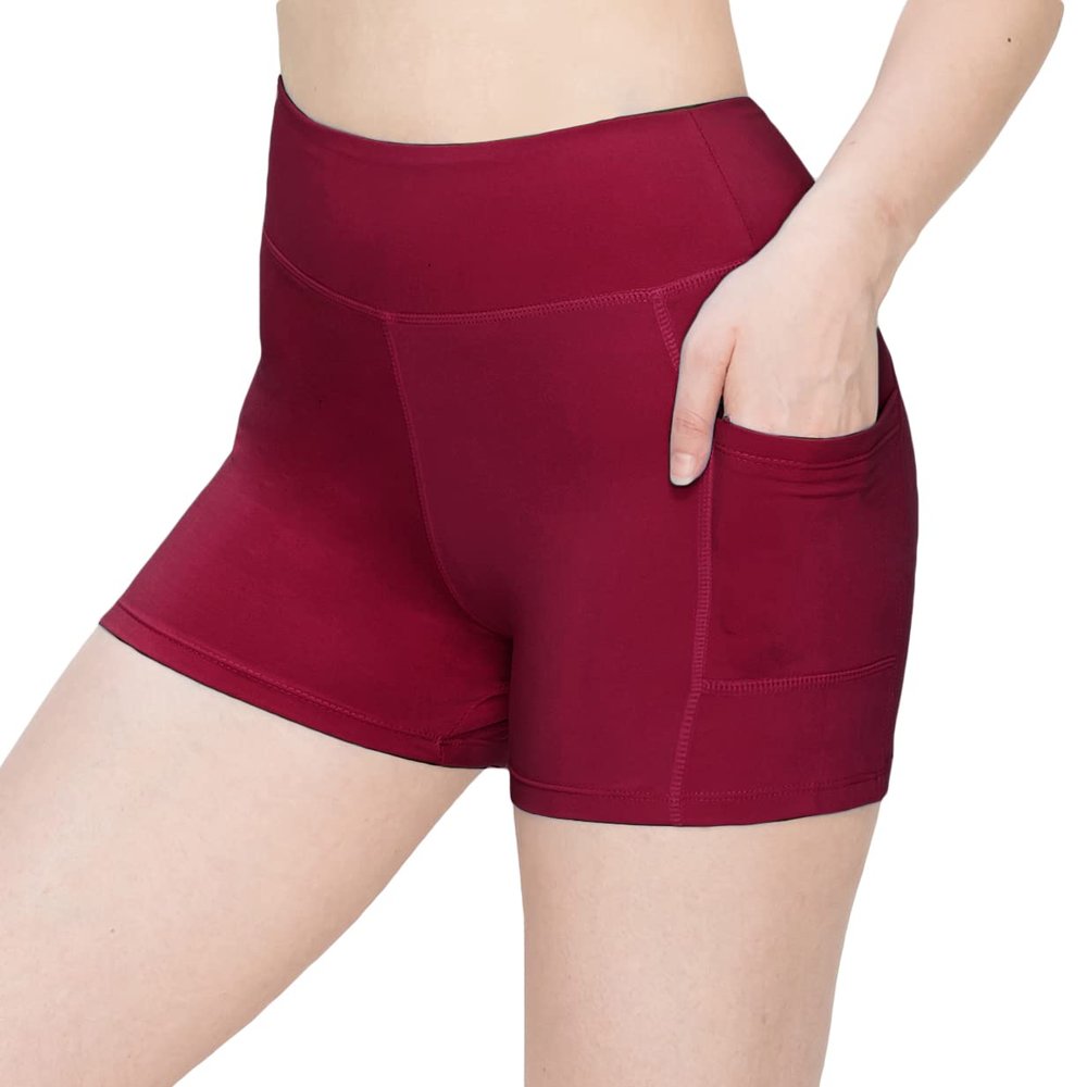ALWAYS Women's 3" Yoga Shorts - Premium Soft Tummy Control Workout Stretch Solid Leggings Pants with Pockets Burgundy L