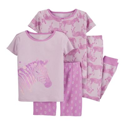 Carter's Girls' 4-Piece Snug Fit Cotton Pajamas (Purple with Zebras, 4)