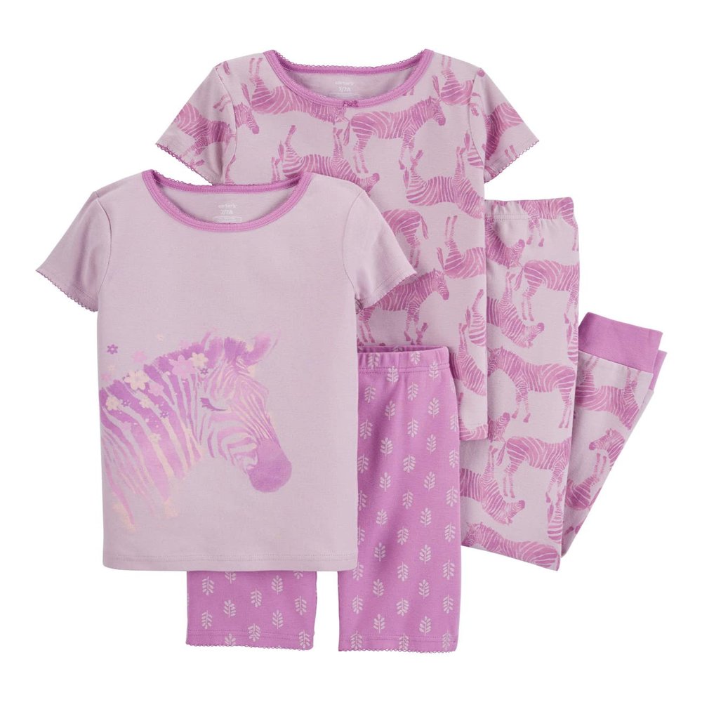Carter's Girls' 4-Piece Snug Fit Cotton Pajamas (Purple with Zebras, 4)