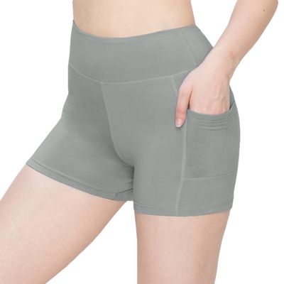 ALWAYS Women's 3" Yoga Shorts - Premium Soft Tummy Control Workout Stretch Solid Leggings Pants with Pockets Grey M
