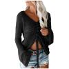 Womens Chic V Neck Knit Shirts Casual Relaxed Long Sleeve Ruched Tops Sexy Off Shoulder Pullover Sweater Loose Blouse Black view 1