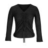 Womens Chic V Neck Knit Shirts Casual Relaxed Long Sleeve Ruched Tops Sexy Off Shoulder Pullover Sweater Loose Blouse Black view 4