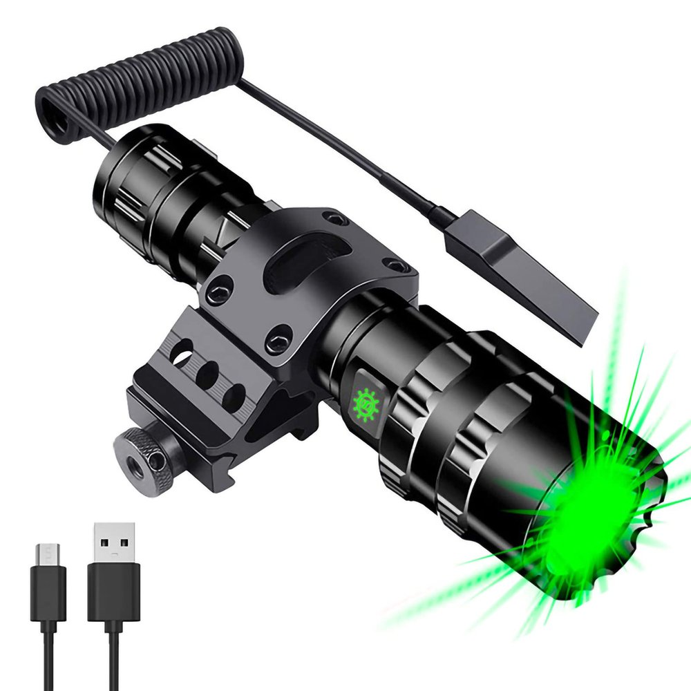 WINDFIRE Green Light Tactical LED Flashlight 1200 High Lumens Hunting Hog Coyote Predator Weapon Lights Rechargeable Flashlights 5 Modes with Picatinny Rail Mount Pressure Switch