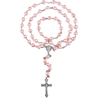 FLAFARY Rosary Set, First Communion for Girls and Boys, Rosary Beads Catholic for Men, Women and Kids Packed in Transparent Plastic Bag, Grandmother, Elders(Pink)