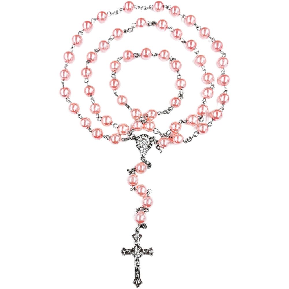 FLAFARY Rosary Set, First Communion for Girls and Boys, Rosary Beads Catholic for Men, Women and Kids Packed in Transparent Plastic Bag, Grandmother, Elders(Pink)