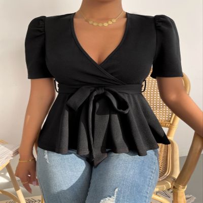Women's Summer Short Sleeve T-Shirt Puff Sleeve Surplice Neck Belted Peplum Tee Black