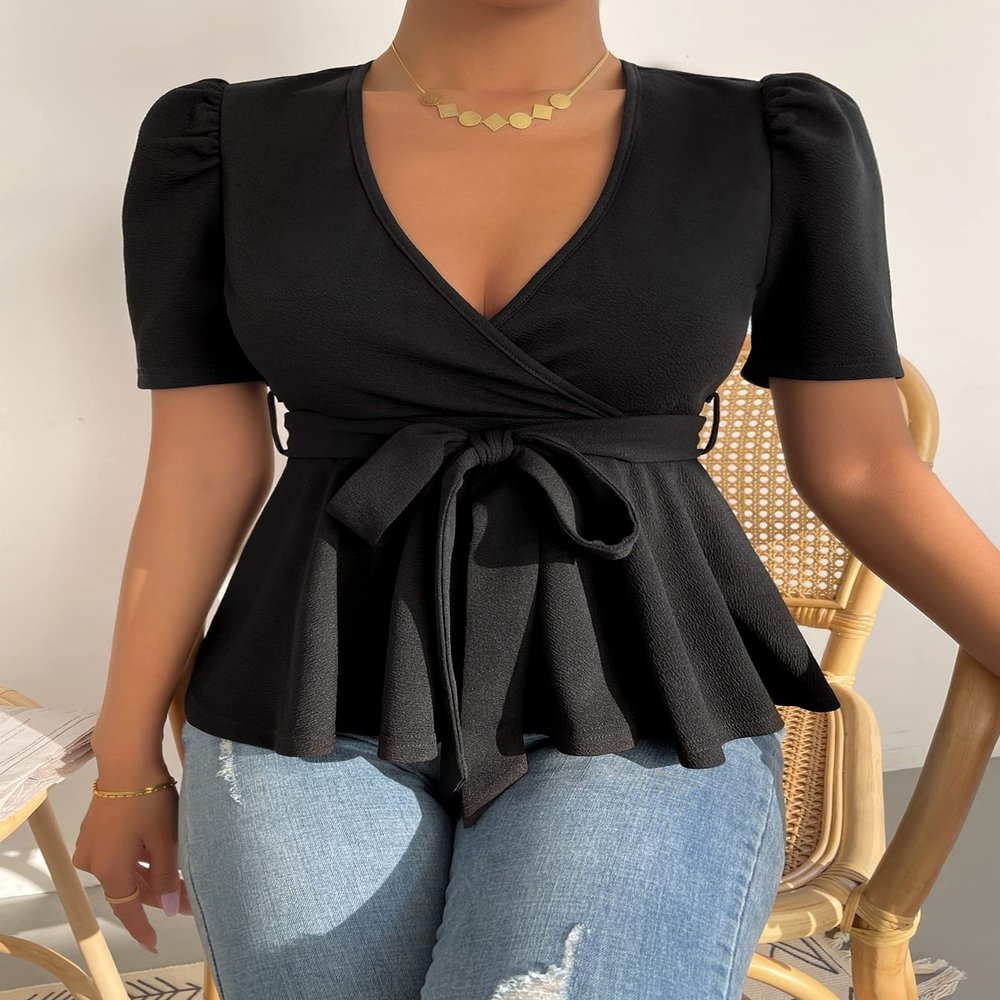 Women's Summer Short Sleeve T-Shirt Puff Sleeve Surplice Neck Belted Peplum Tee Black