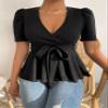 Women's Summer Short Sleeve T-Shirt Puff Sleeve Surplice Neck Belted Peplum Tee Black view 1