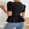 Women's Summer Short Sleeve T-Shirt Puff Sleeve Surplice Neck Belted Peplum Tee Black view 2