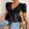 Women's Summer Short Sleeve T-Shirt Puff Sleeve Surplice Neck Belted Peplum Tee Black view 3